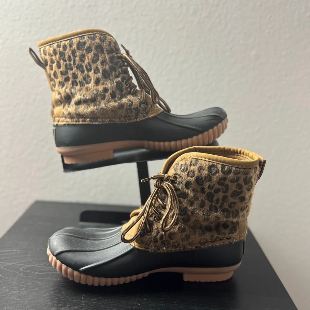 Marleylilly Girls 4 Black Brown Faux Winter Rain Monogrammed Leopard Duck Boots